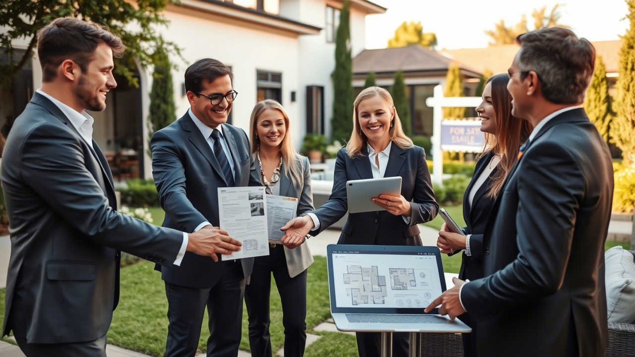 Professional real estate agents meeting clients in a stylish estate backyard with property documents in hand.