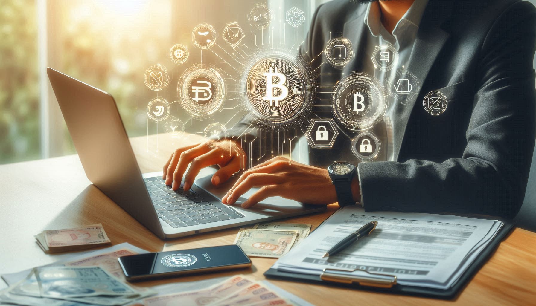 Young Indian investor learning about investing in cryptocurrency using laptop and mobile apps for portfolio management