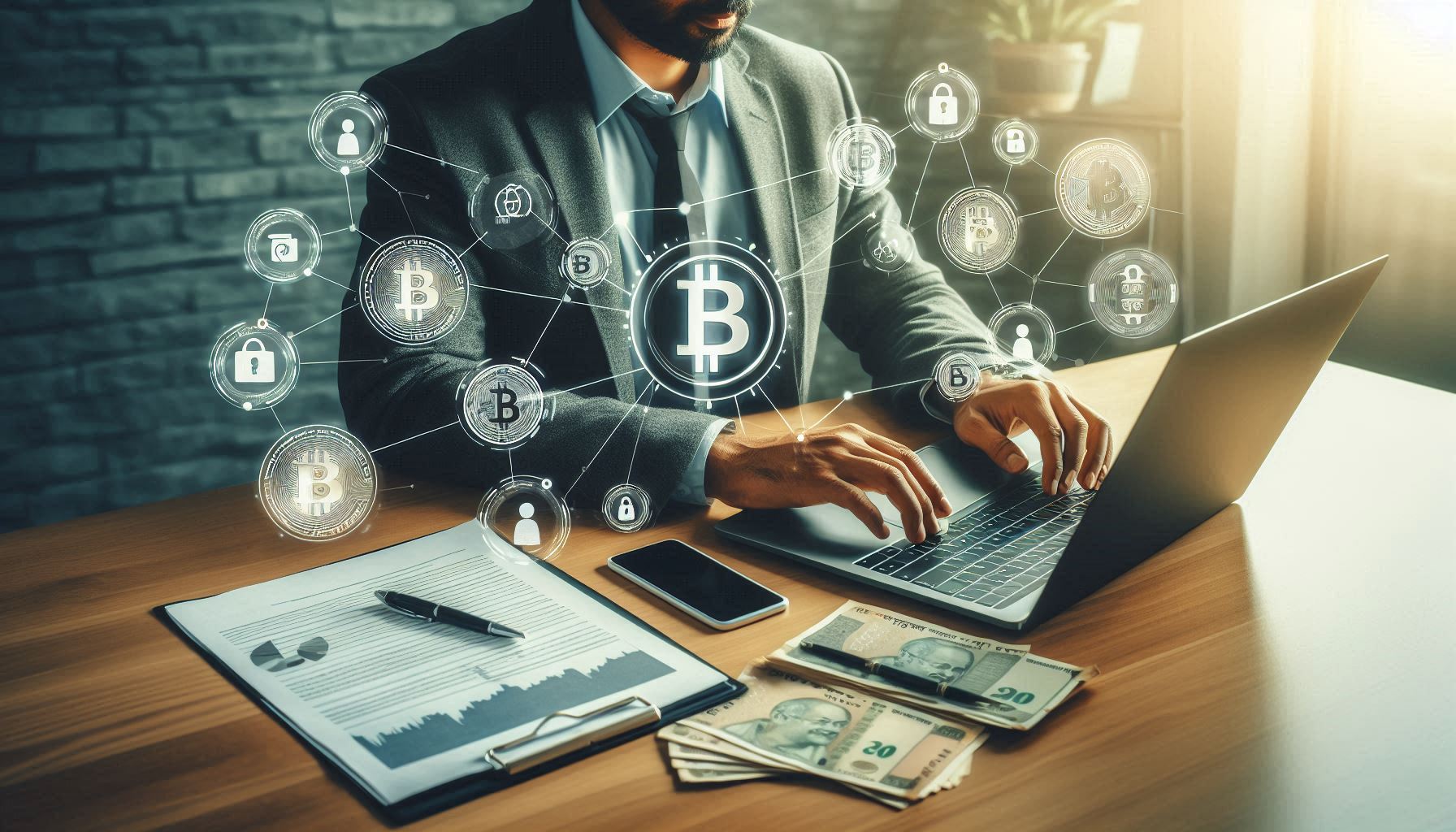 Indian investor safely buying Bitcoin on laptop with security measures and verification icons displayed