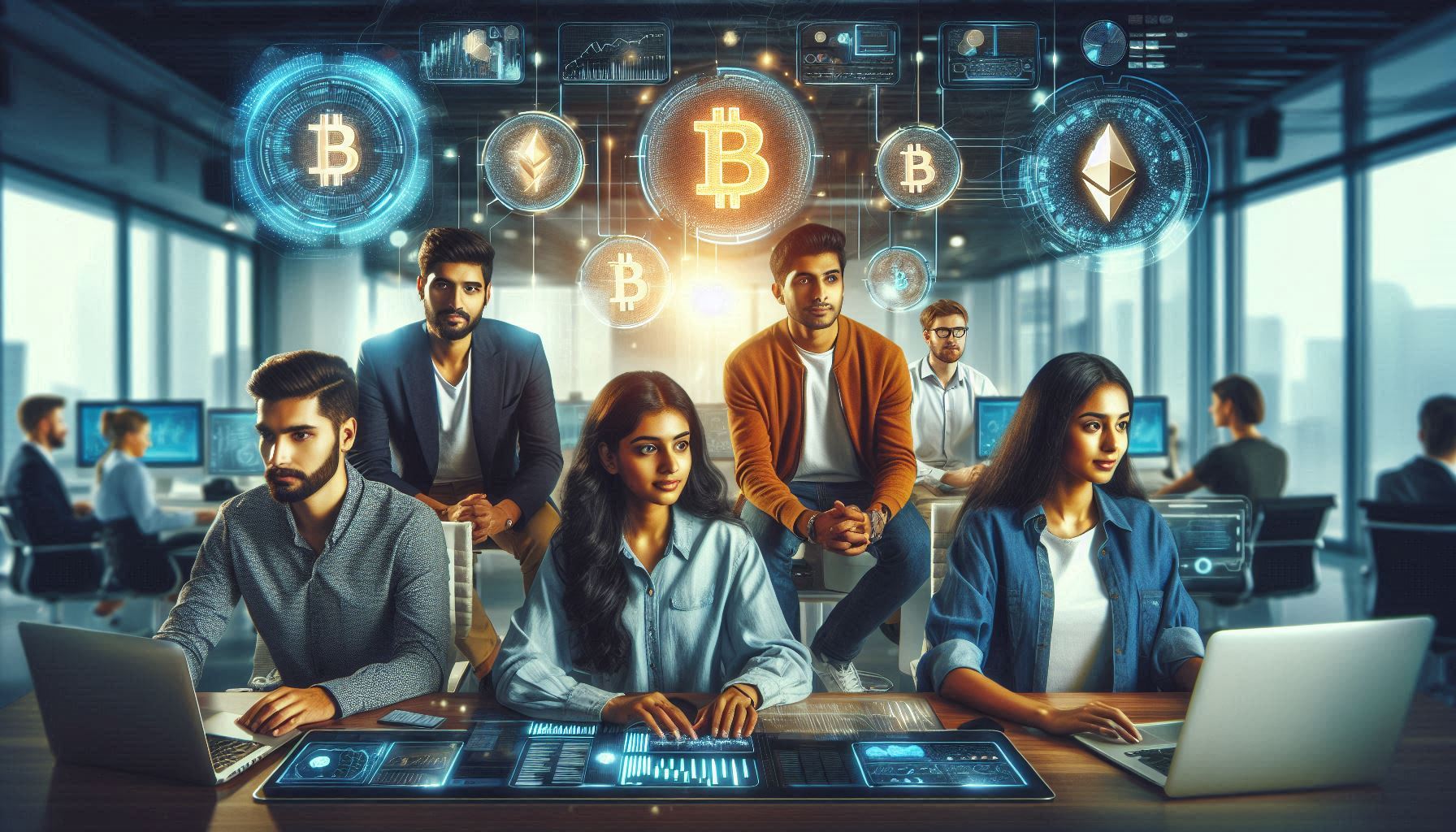 Young Indian professionals learning crypto investment with digital charts and symbols
