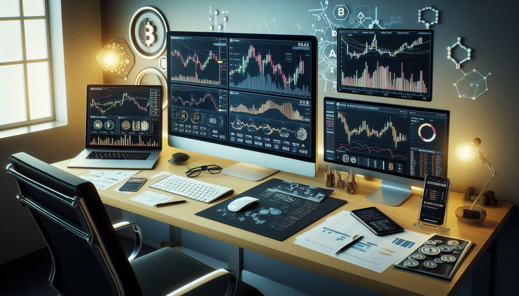 Professional crypto trading workstation with multiple monitors showing cryptocurrency charts and trading strategies