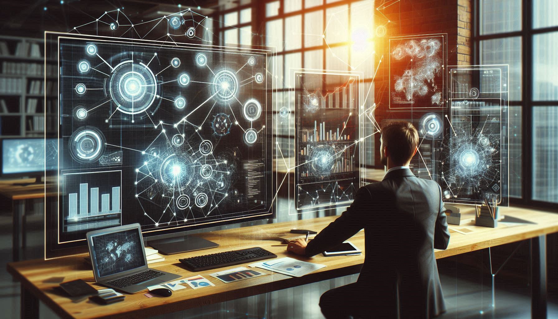 Blockchain technology distributed ledger system visualization on computer screens