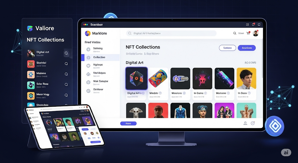 NFT marketplace interface showing digital collectibles and blockchain art trading