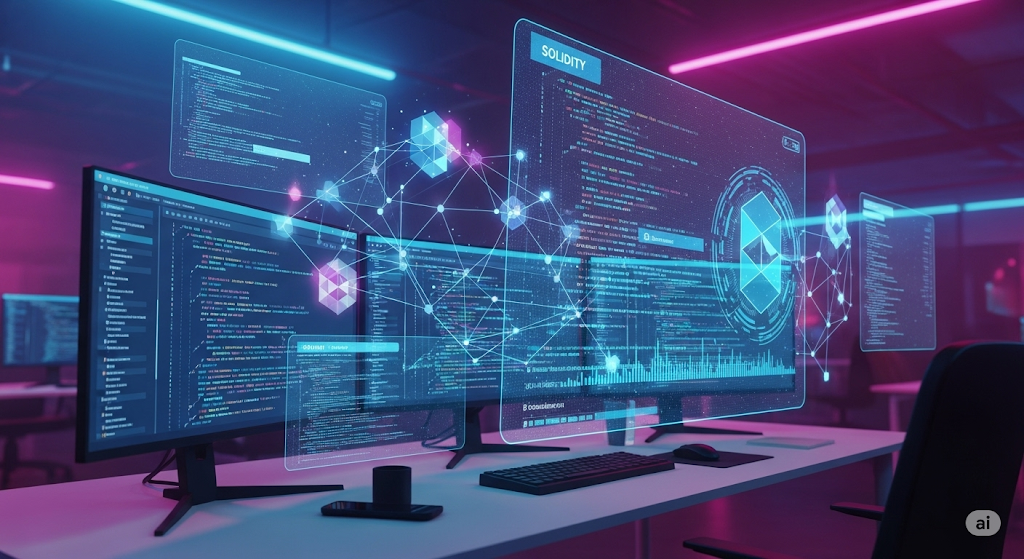 Smart contracts development workspace showing blockchain programming code and automated applications